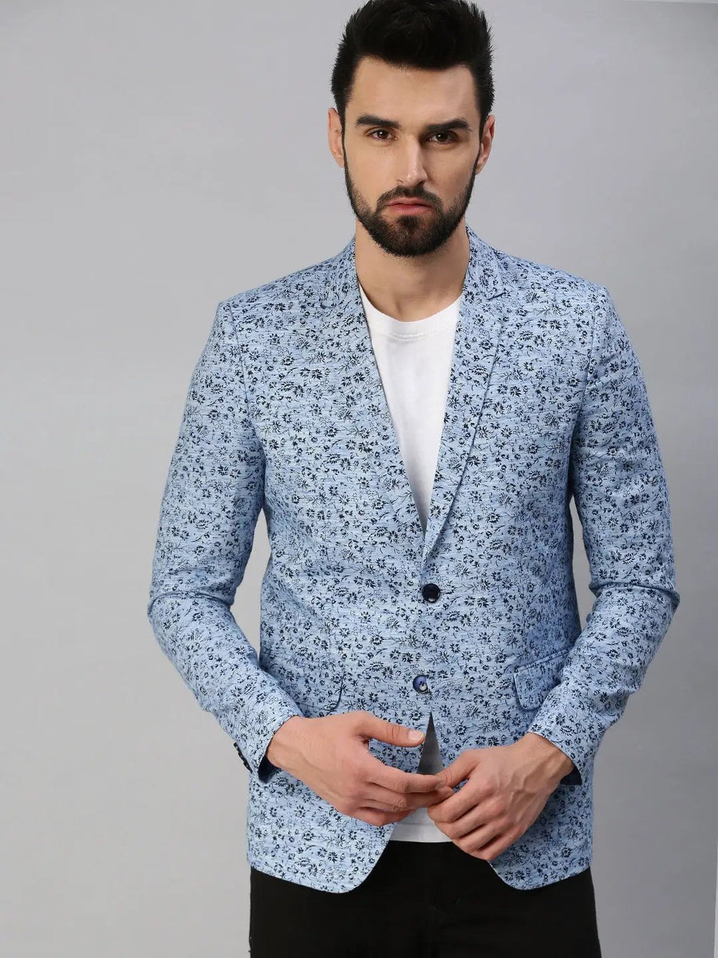 Men's Blue Printed Single-Breasted Party Blazer