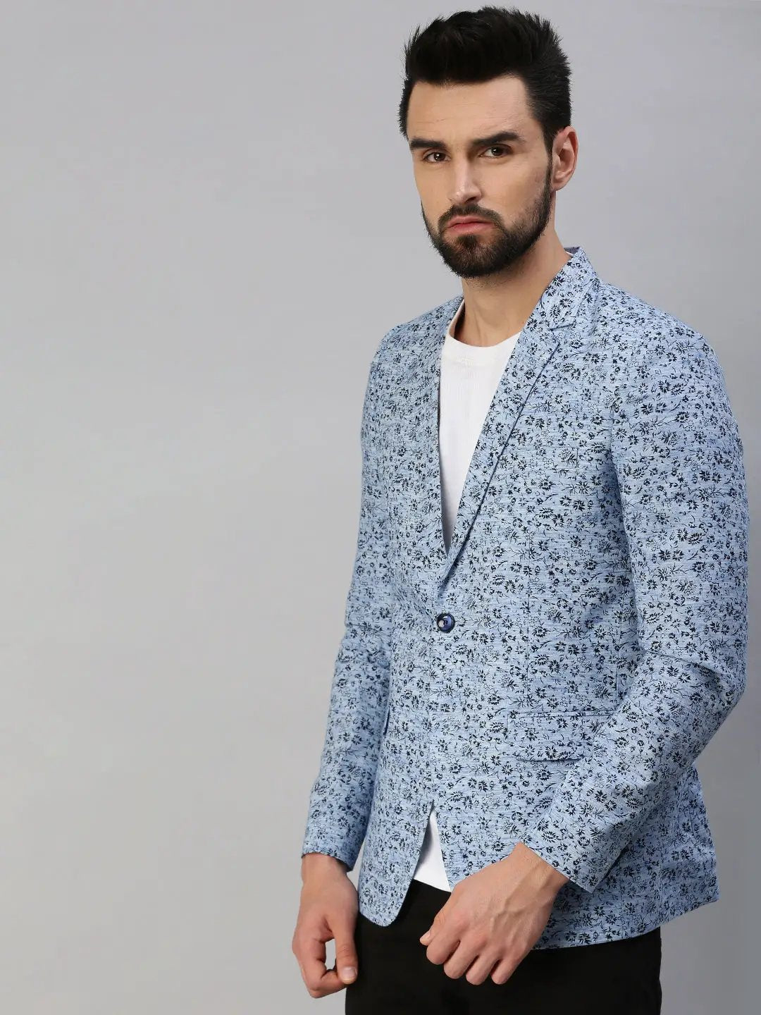 Men's Blue Printed Single-Breasted Party Blazer