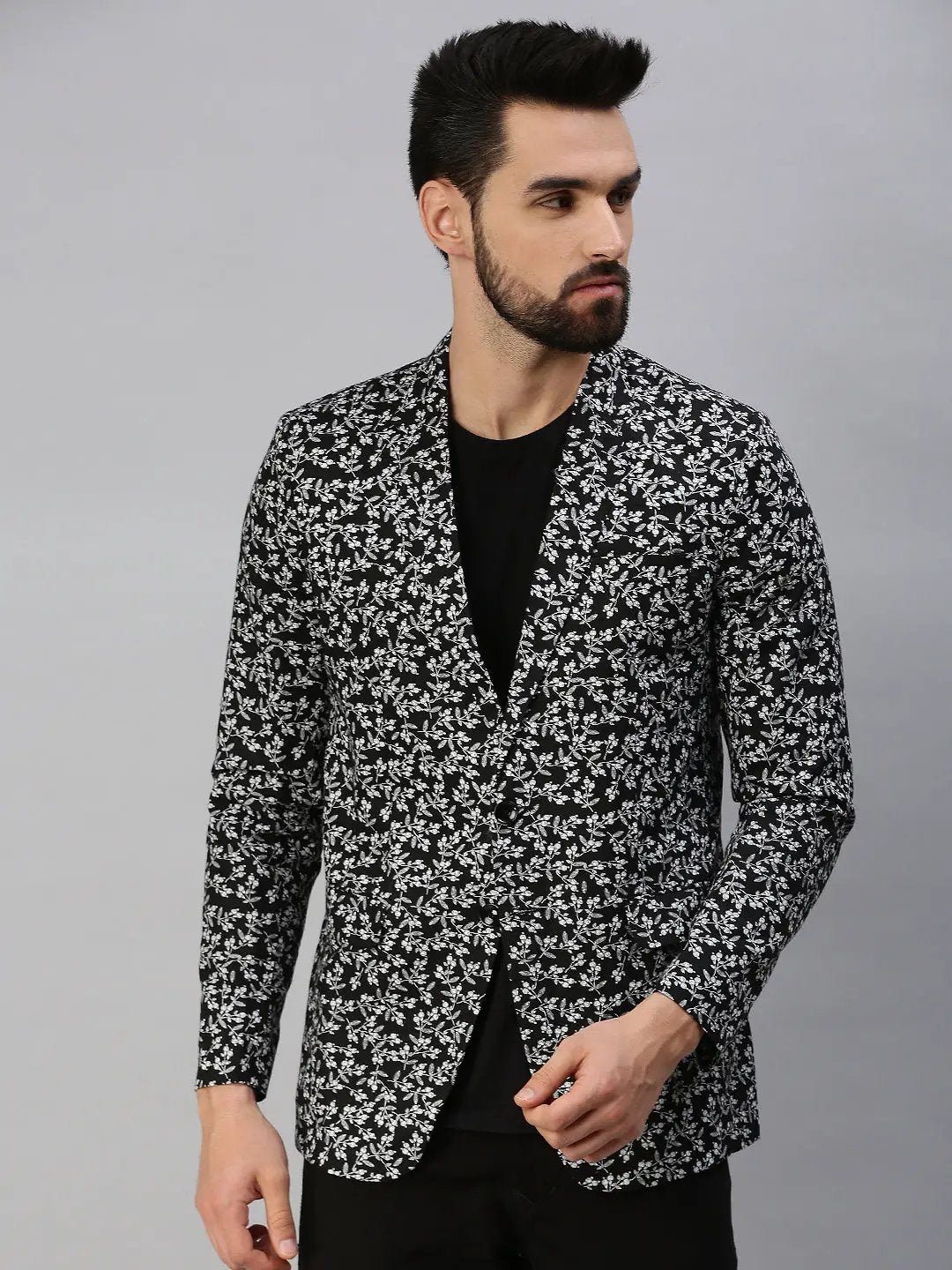 Men's Black Printed Single Breasted Party Blazers