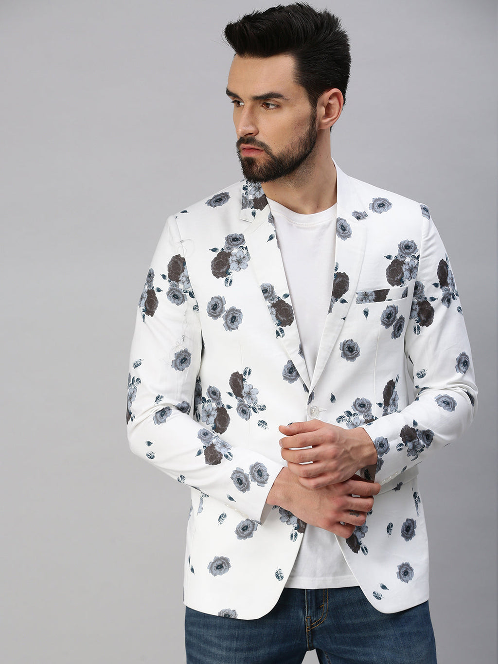 Men's White Printed Single Breasted Party Blazer