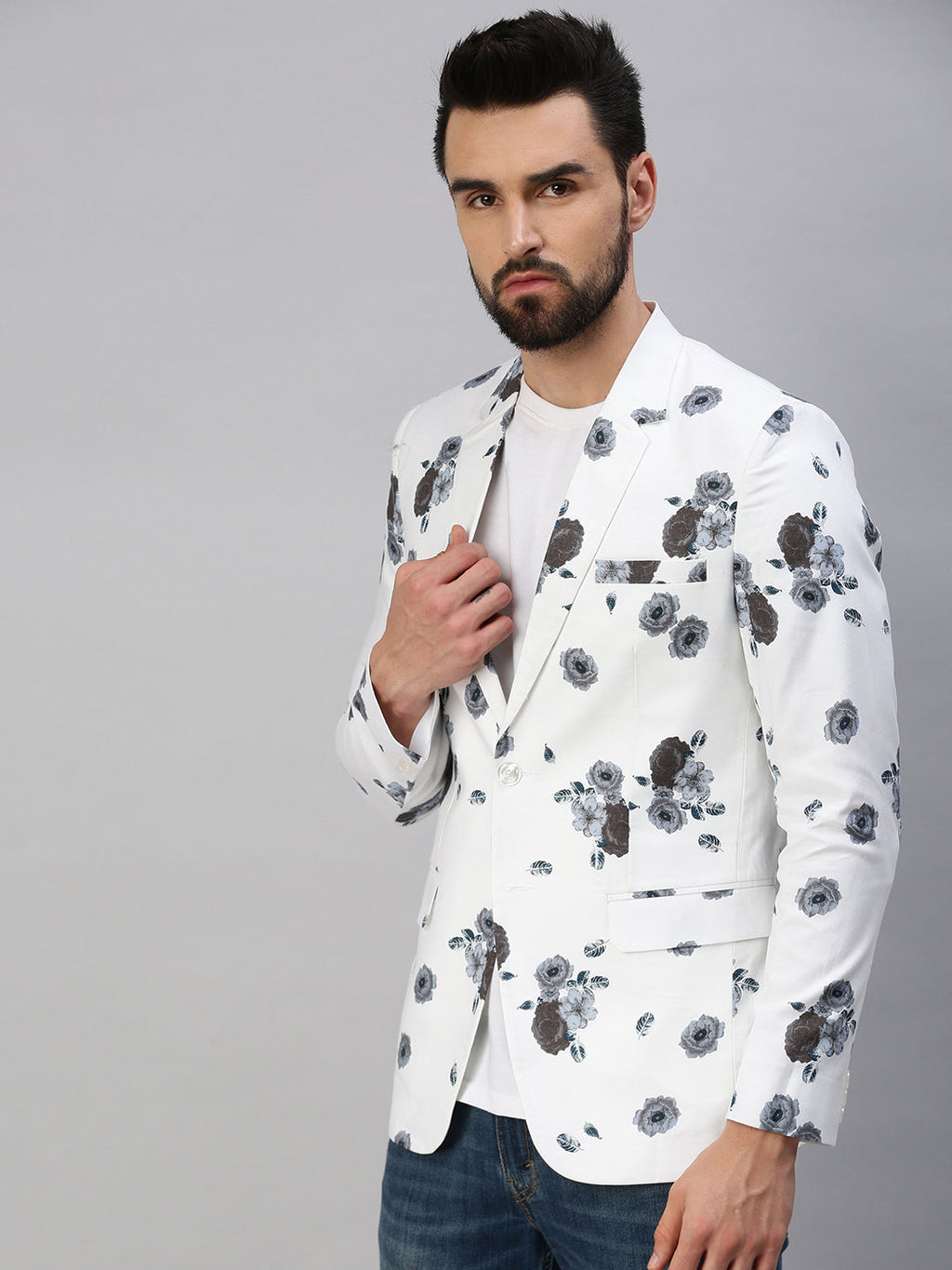 Men's White Printed Single Breasted Party Blazer