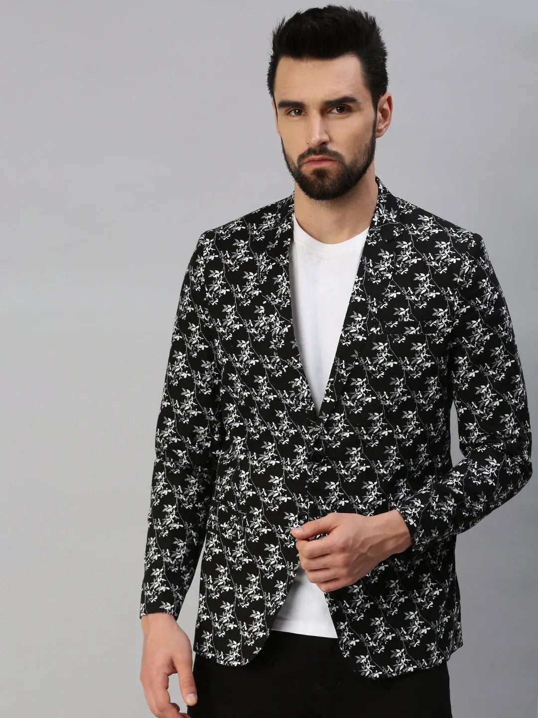 Men's Black Printed Single-Breasted Party Blazers