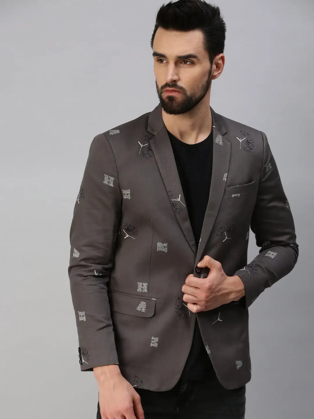 Men's Grey Printed Single Party Blazers