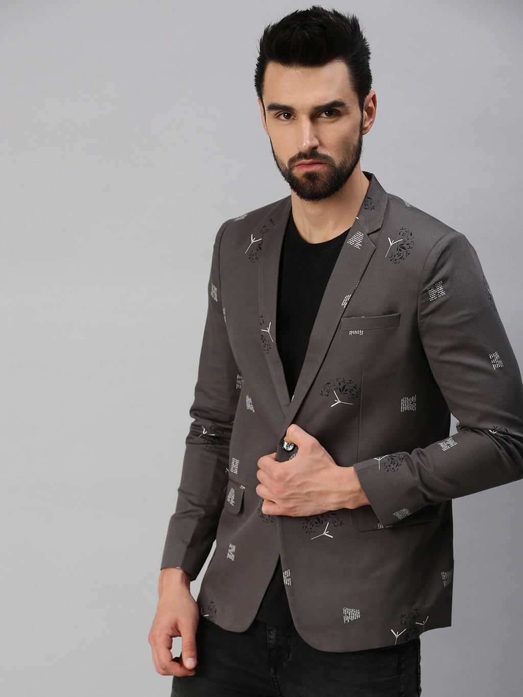 Men's Grey Printed Single Party Blazers
