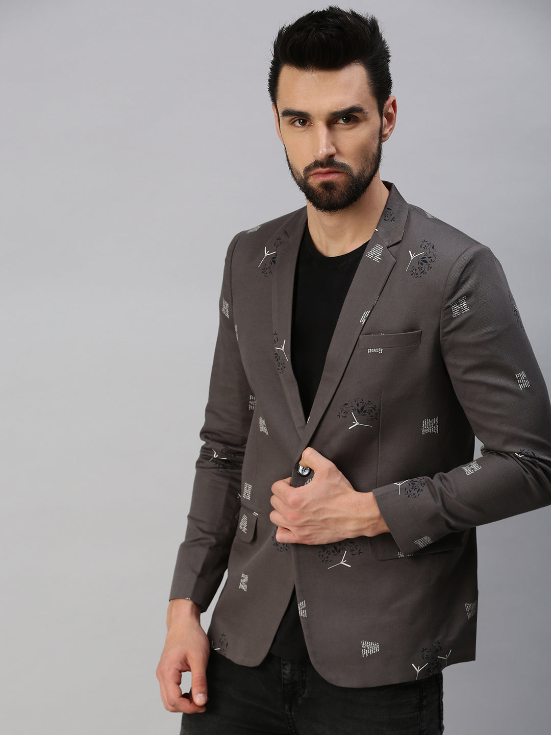Men's Grey Printed Single Party Blazers