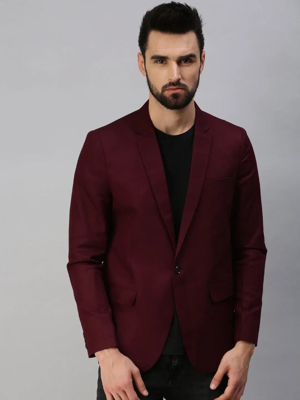 Men's Maroon Solid Single Breasted Party Blazers