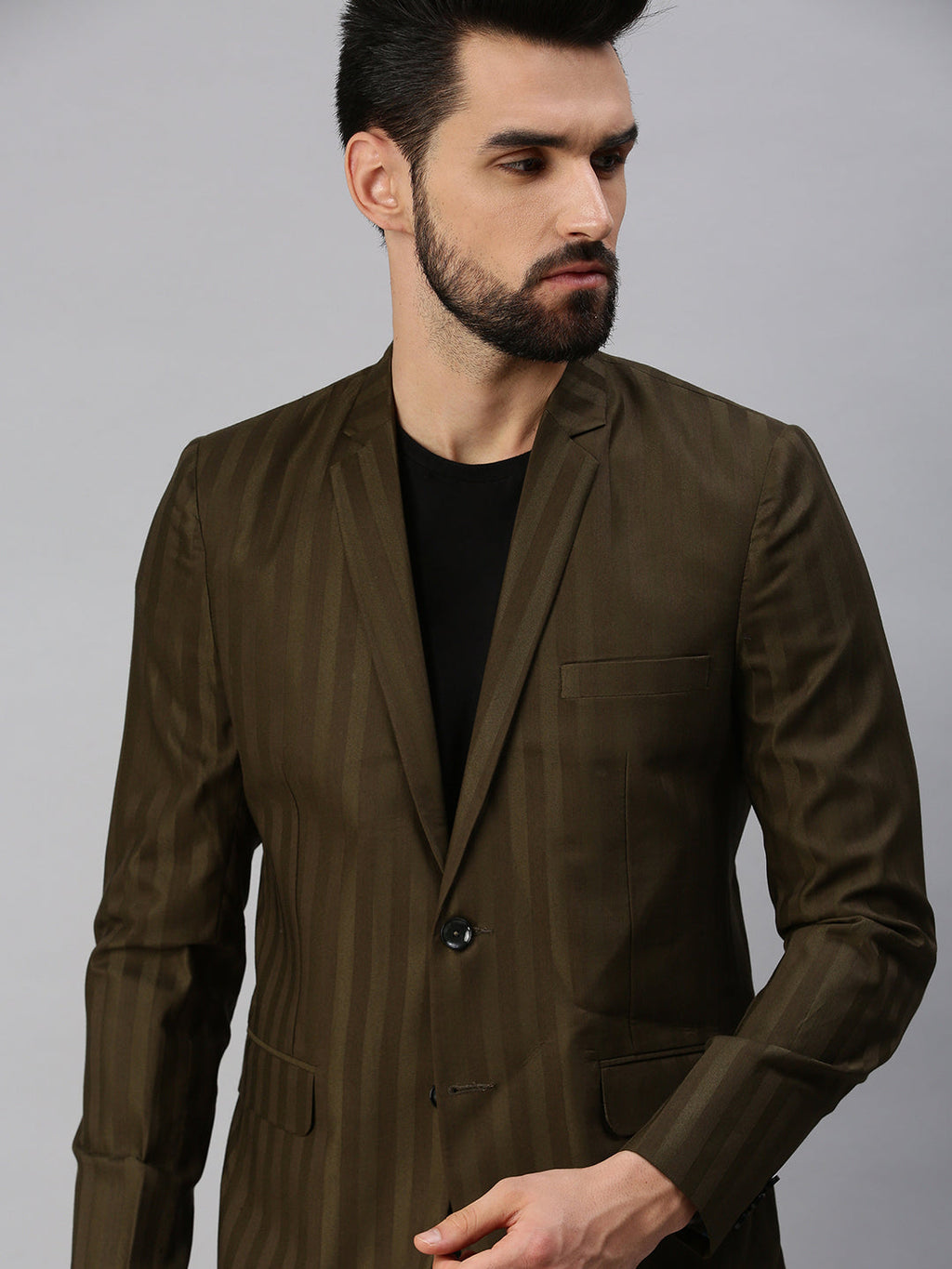Men's Brown Striped Single Breasted Blazer