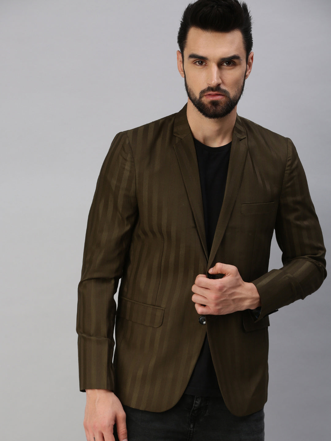 Men's Brown Striped Single Breasted Blazer