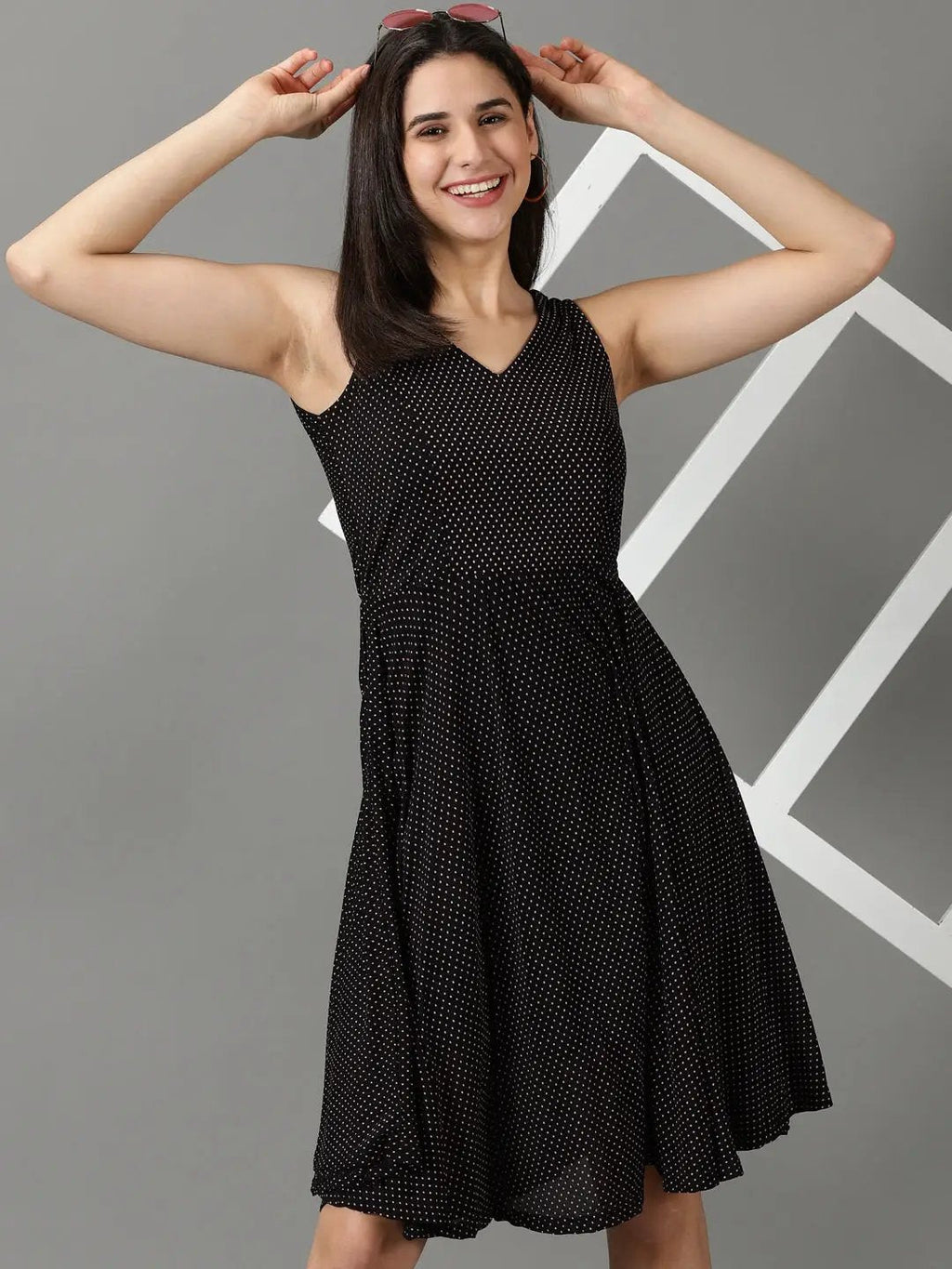 Women's Black Polka Dots Printed V-Neck Fit & Flare Dress