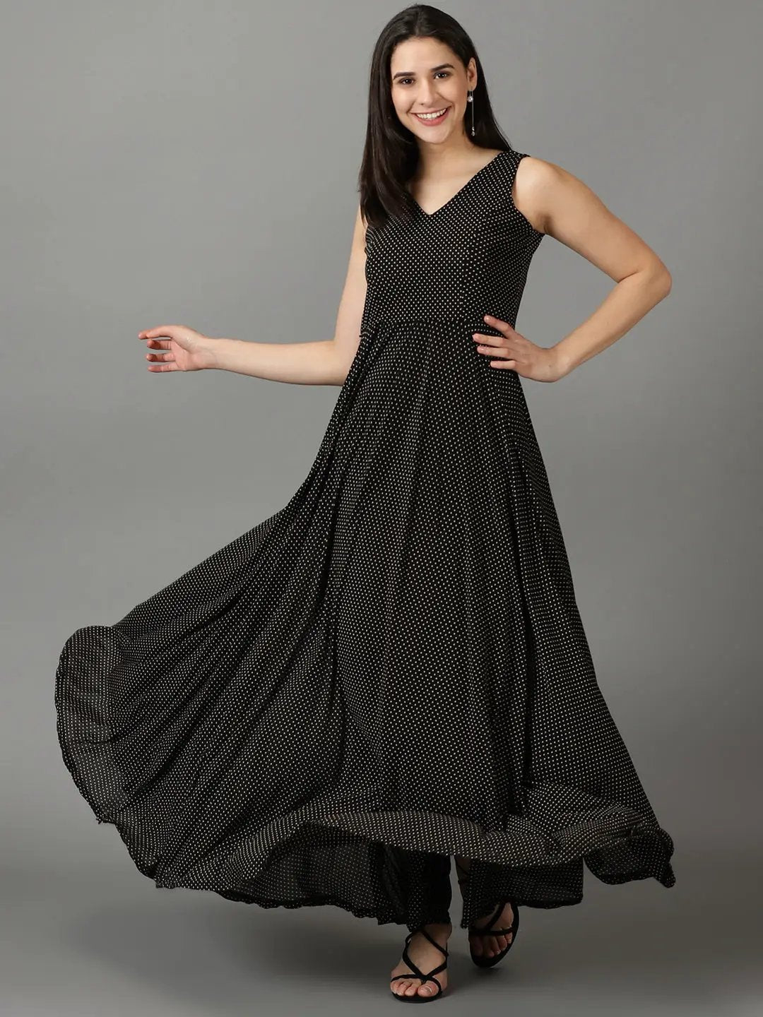 Women's Black V-Neck Polka Dot Printed Net Fit & flare Dress