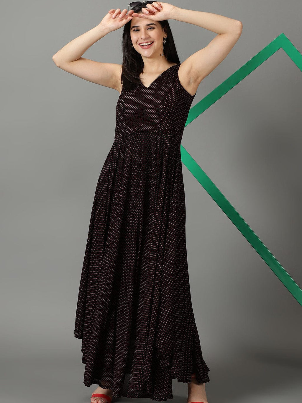 Women's Black Polka Dots Printed V-Neck Fit & Flare Maxi Dress