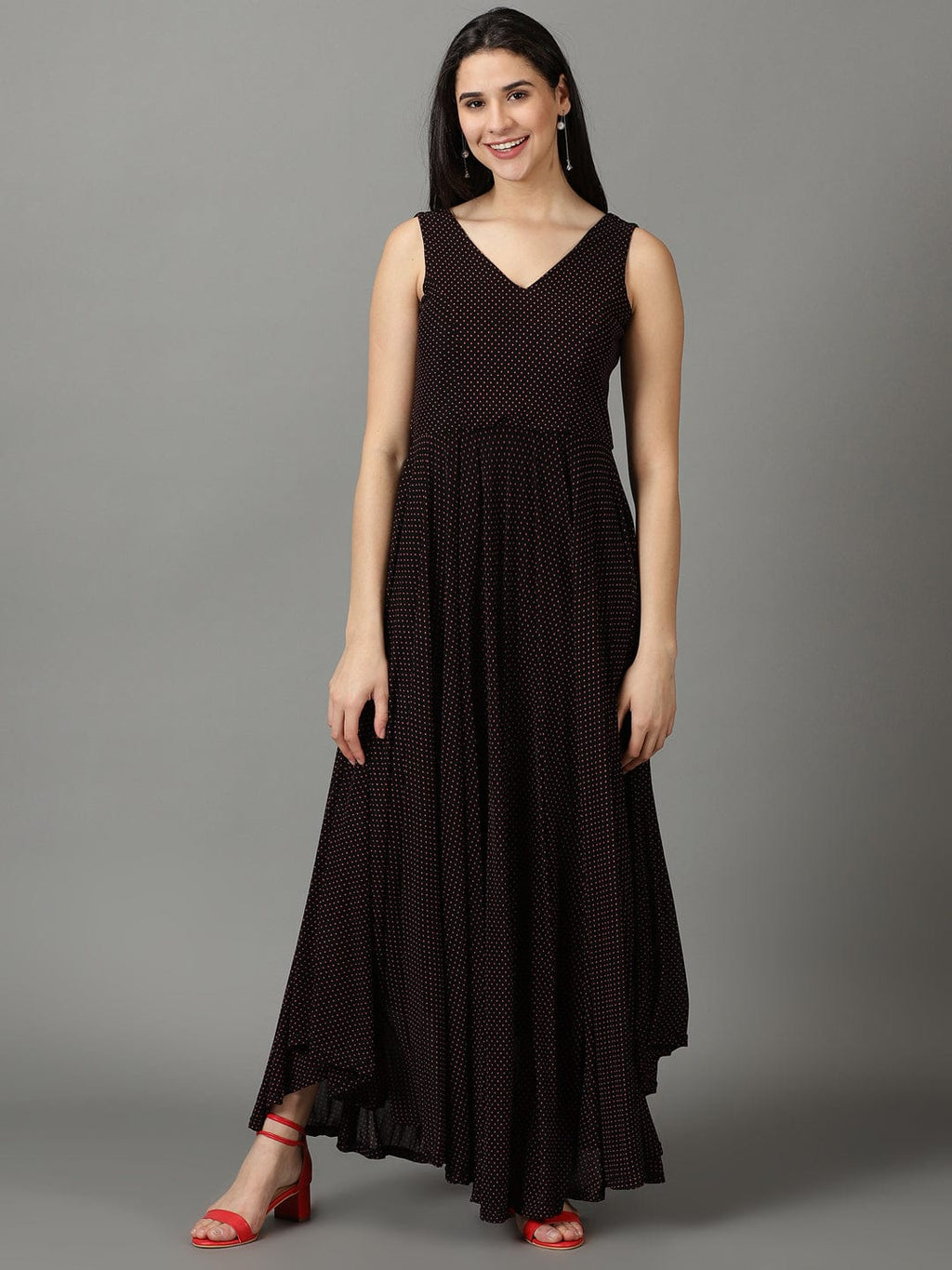 Women's Black Polka Dots Printed V-Neck Fit & Flare Maxi Dress