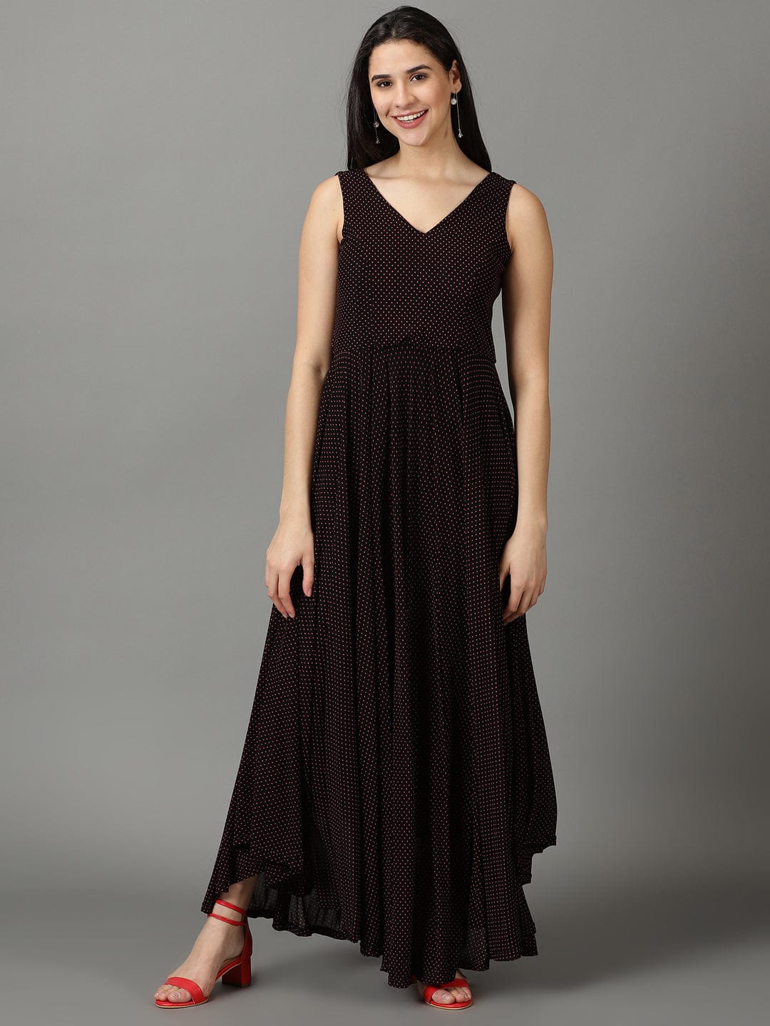 Women's Black Polka Dots Printed V-Neck Fit & Flare Maxi Dress