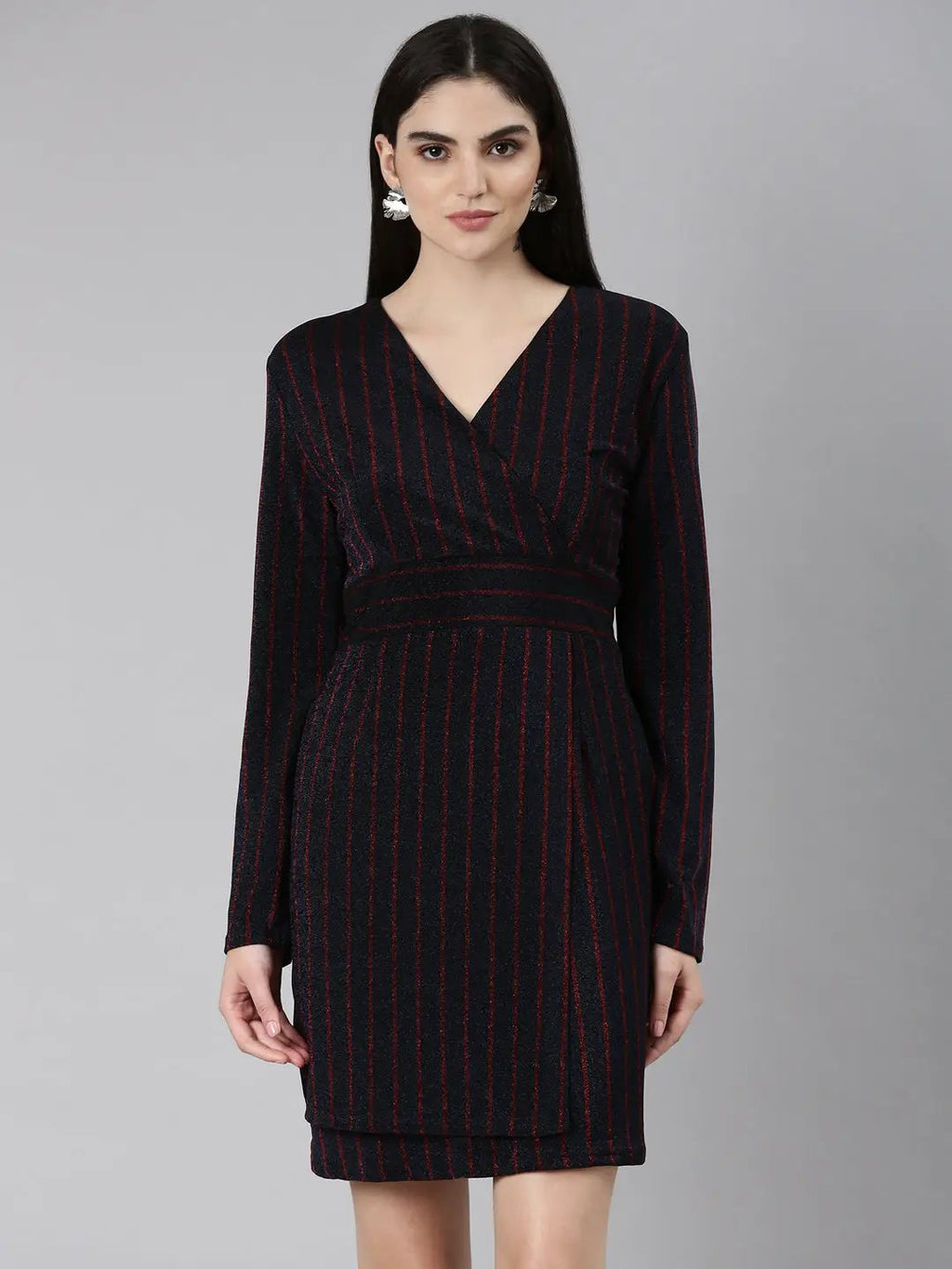Women's Navy Blue V-Neck Striped Wrap Dress