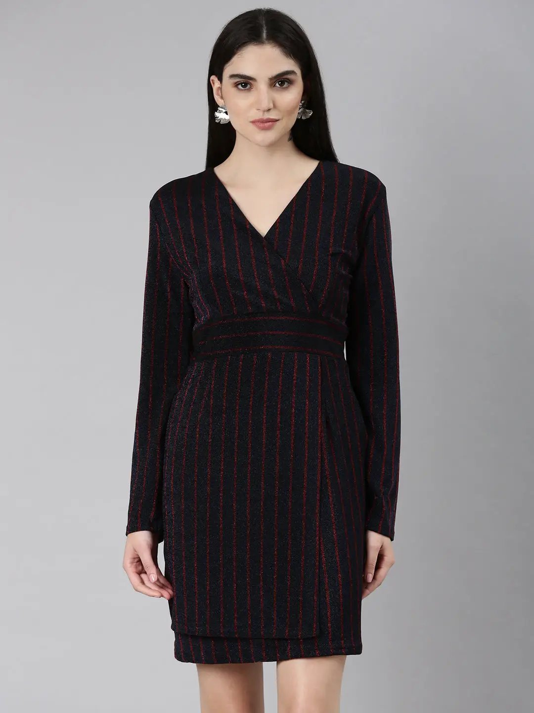 Women's Navy Blue V-Neck Striped Wrap Dress