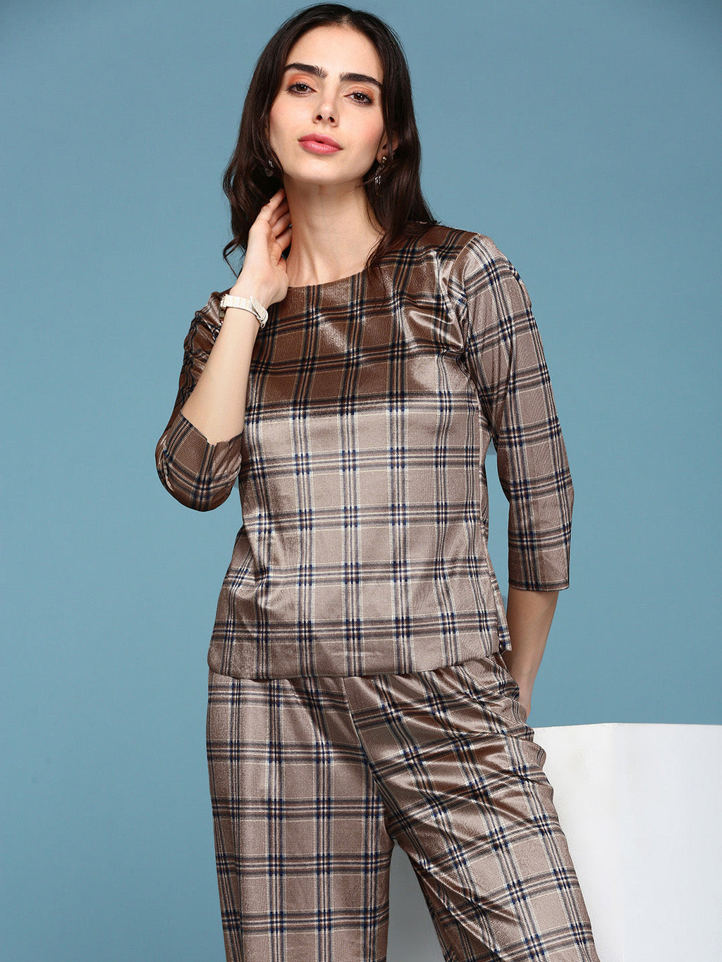 Women's Brown Checked Co-Ords Set With Palazzo
