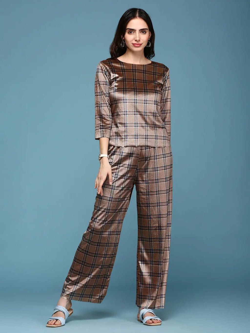 Women's Brown Checked Co-Ords Set With Palazzo