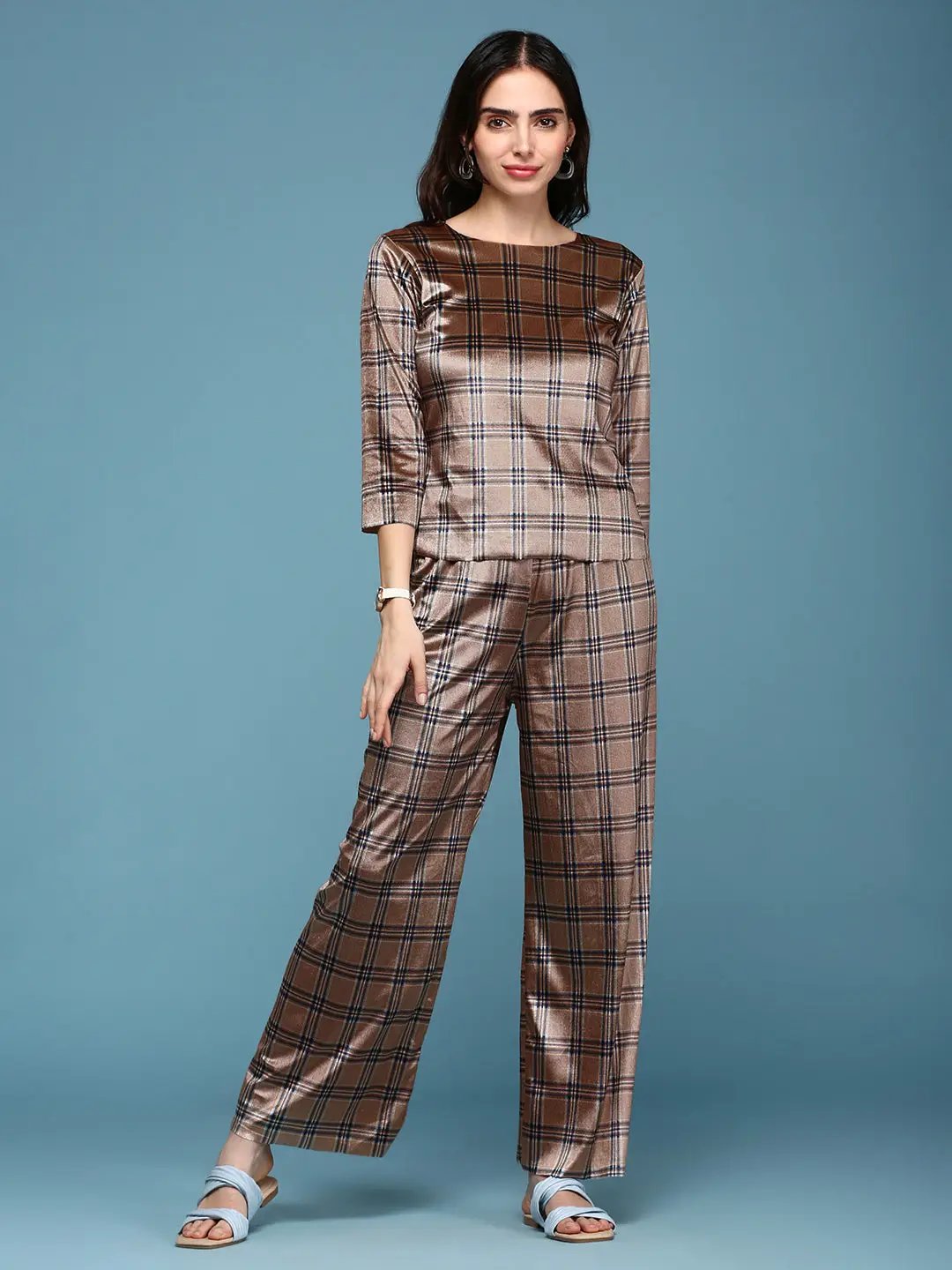 Women's Brown Checked Co-Ords Set With Palazzo