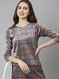 Women's Navy Blue Checked Round Neck Co-Ords