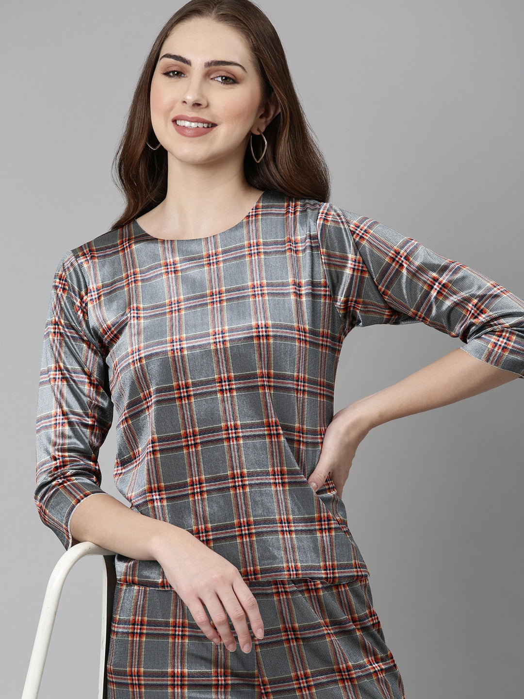 Women's Navy Blue Checked Round Neck Co-Ords