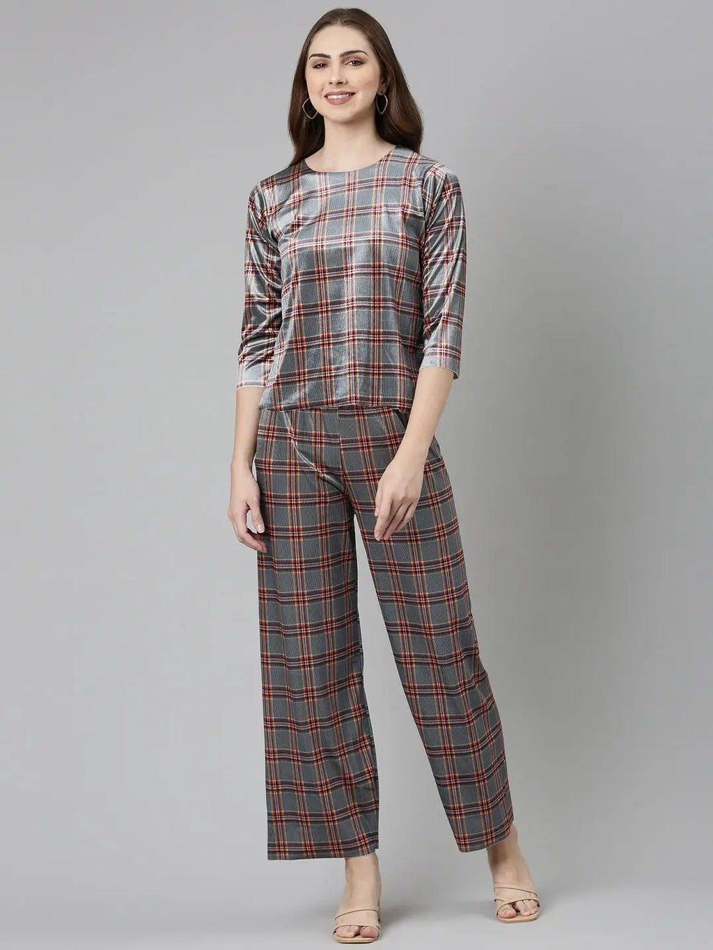 Women's Navy Blue Checked Round Neck Co-Ords