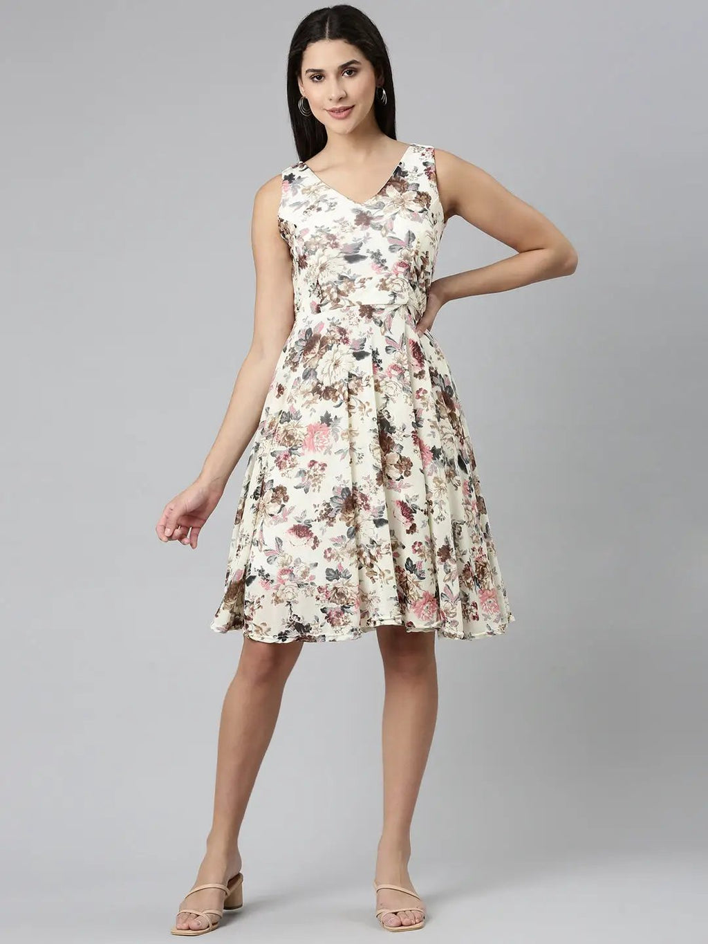 Women's Cream Floral Printed V-Neck Fit & Flare Dress