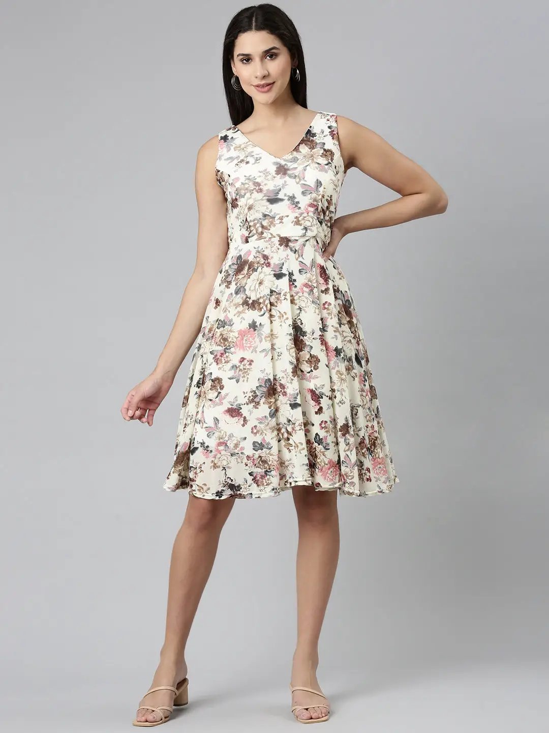 Women's Cream Floral Printed V-Neck Fit & Flare Dress
