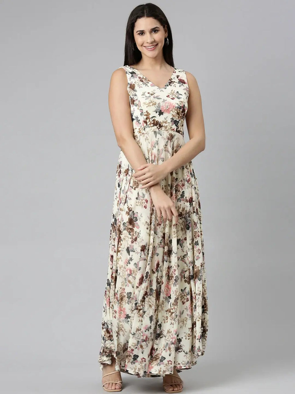 Women's Cream Floral Printed V-Neck Smocked Detailed Fit and Flare Dress