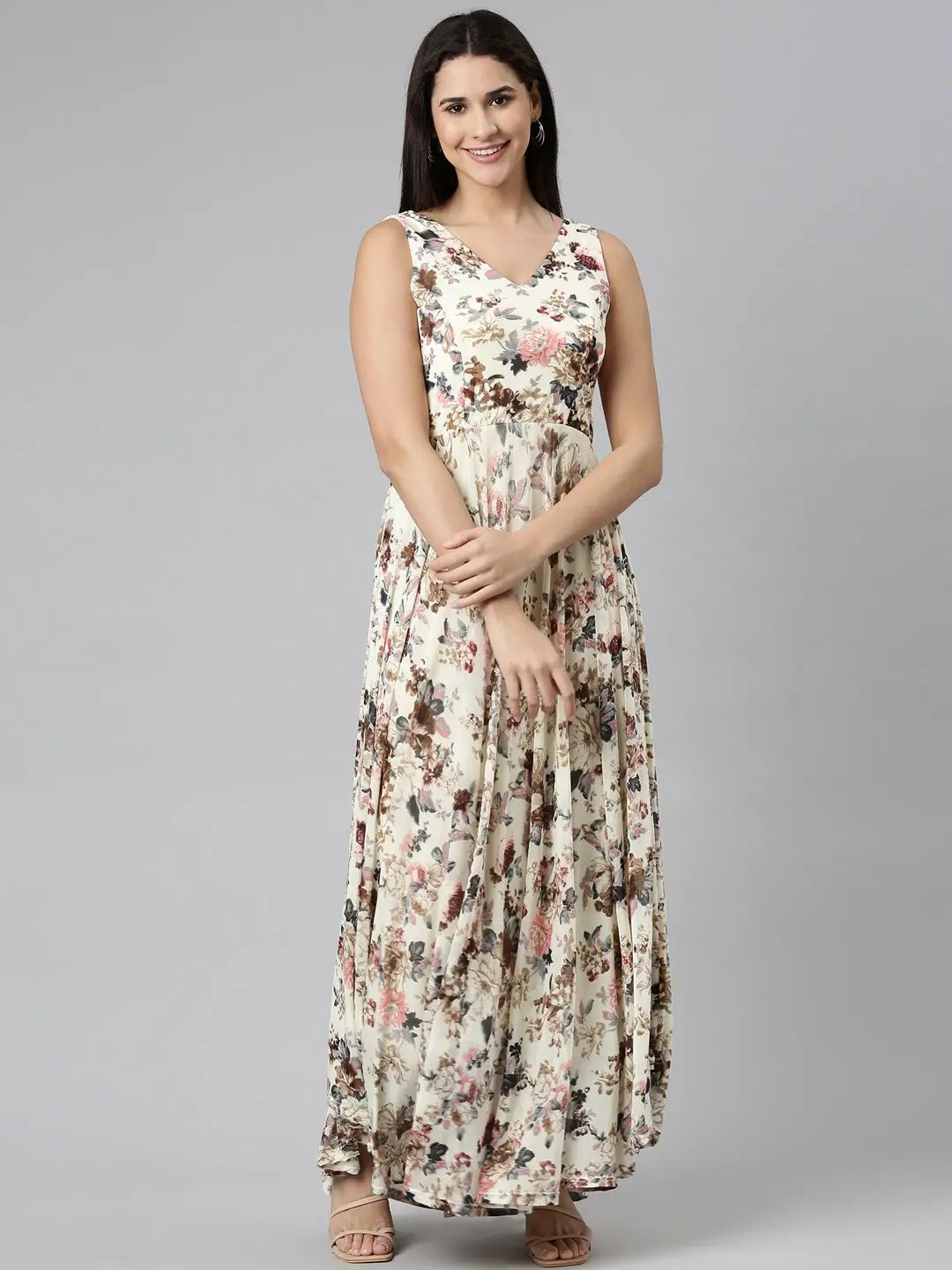Women's Cream Floral Printed V-Neck Smocked Detailed Fit and Flare Dress