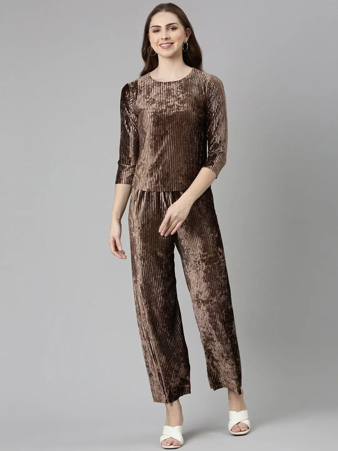 Women's Brown Self design Crop Top Co-Ords Set with Palazzo