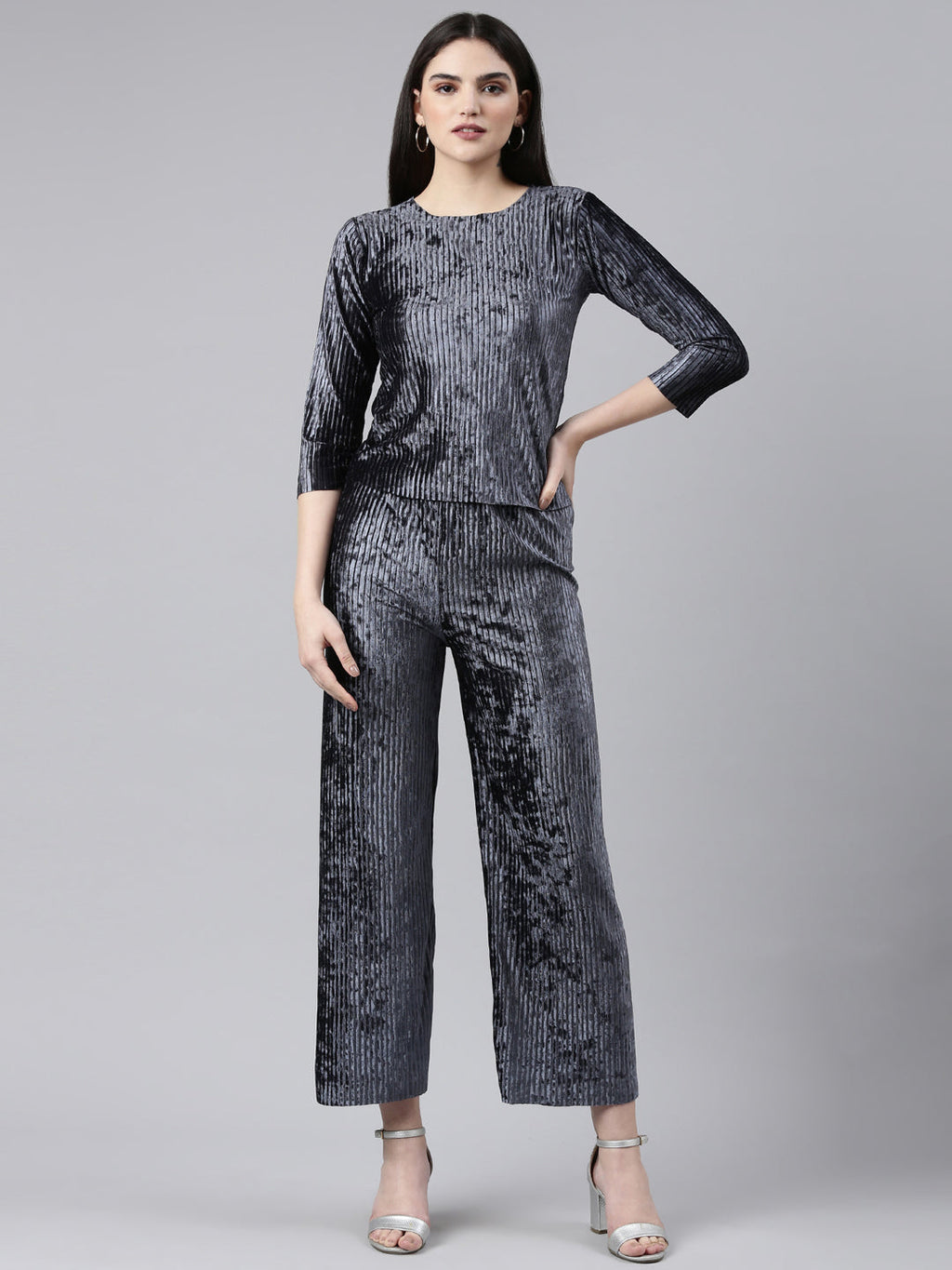 Women's Grey Self Design Co-Ords Set With Palazzo