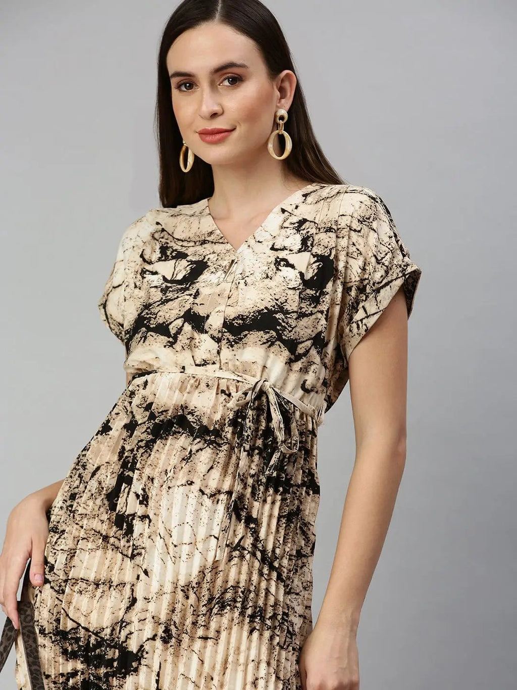 Women's V-Neck Printed A-Line Beige Dress