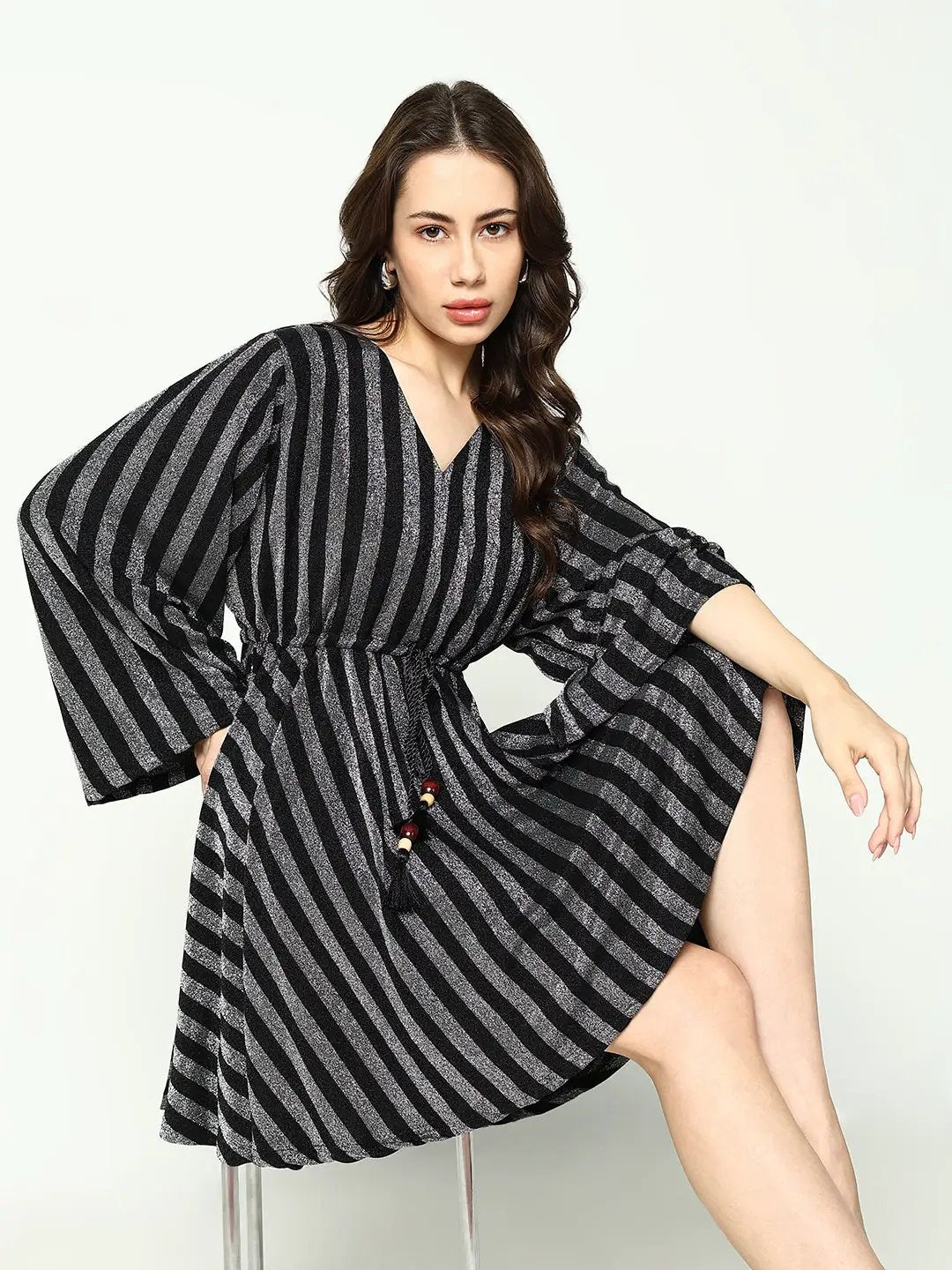 Women's V-Neck Striped Empire Silver Dress