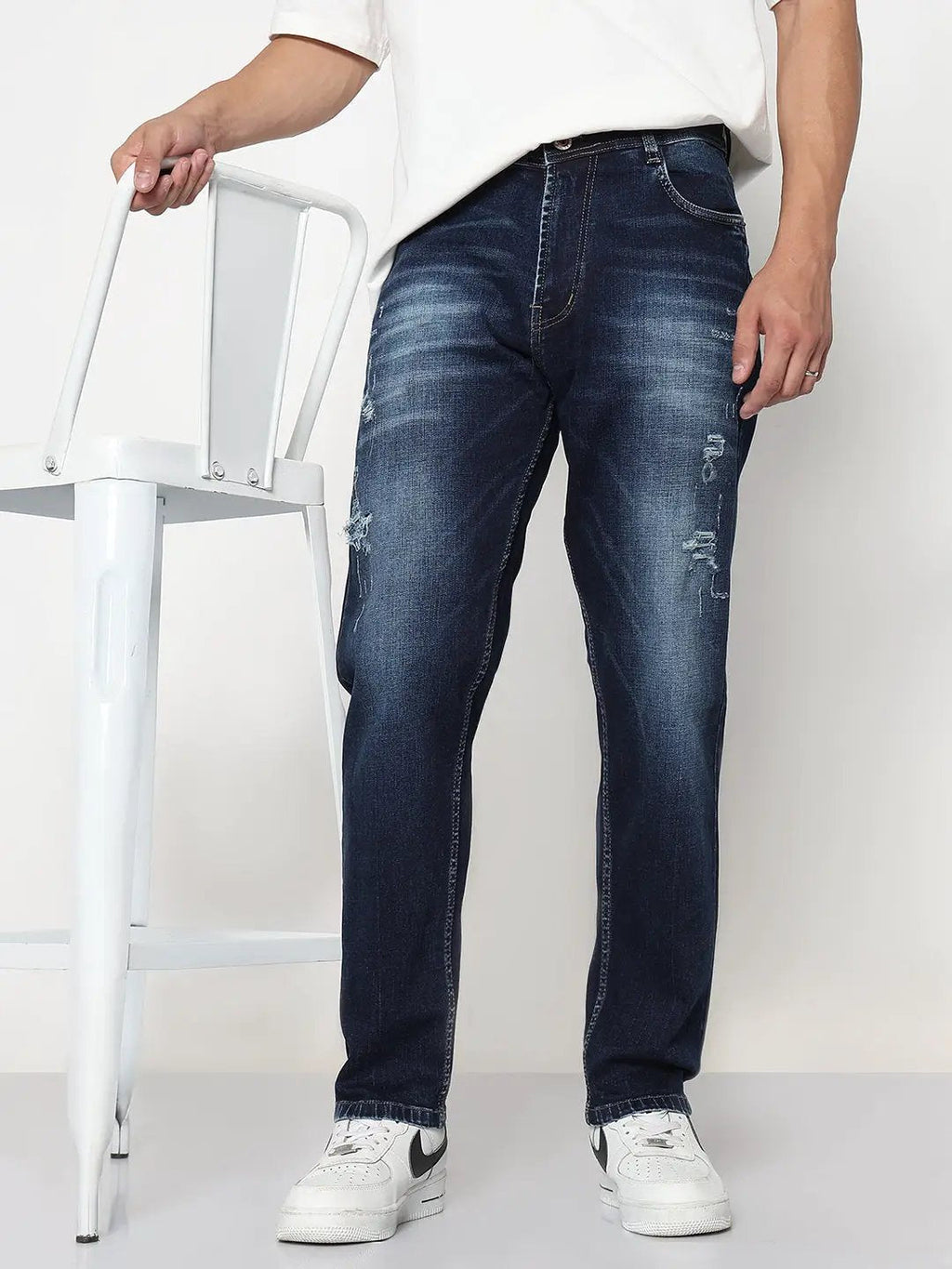 Men's Navy Blue Relaxed Fit Jeans with Distressed Patches