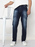 Men's Navy Blue Relaxed Fit Jeans with Distressed Patches