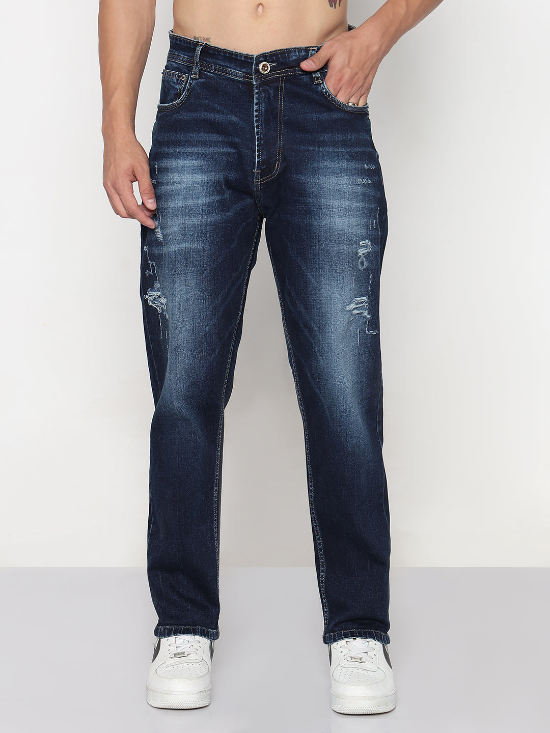 Men's Navy Blue Relaxed Fit Jeans with Distressed Patches