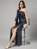 Women's Navy Blue Sequinned Embellished Bell Sleeve Bodycon Dress