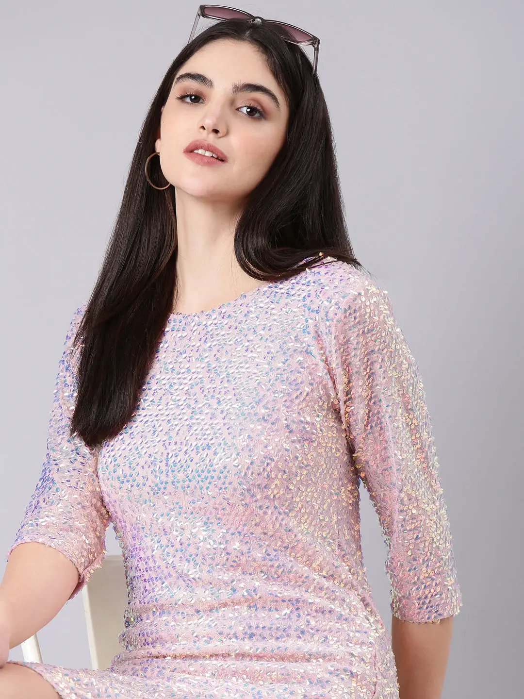 Women's Pink Sequinned Embellished Net Bodycon Dress