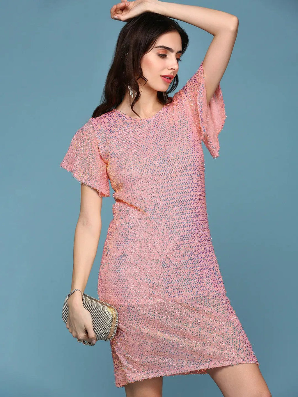 Women's Peach Embellished Flared Sleeves Sequinned A-Line Mini Dress