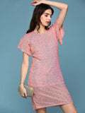 Women's Peach Embellished Flared Sleeves Sequinned A-Line Mini Dress