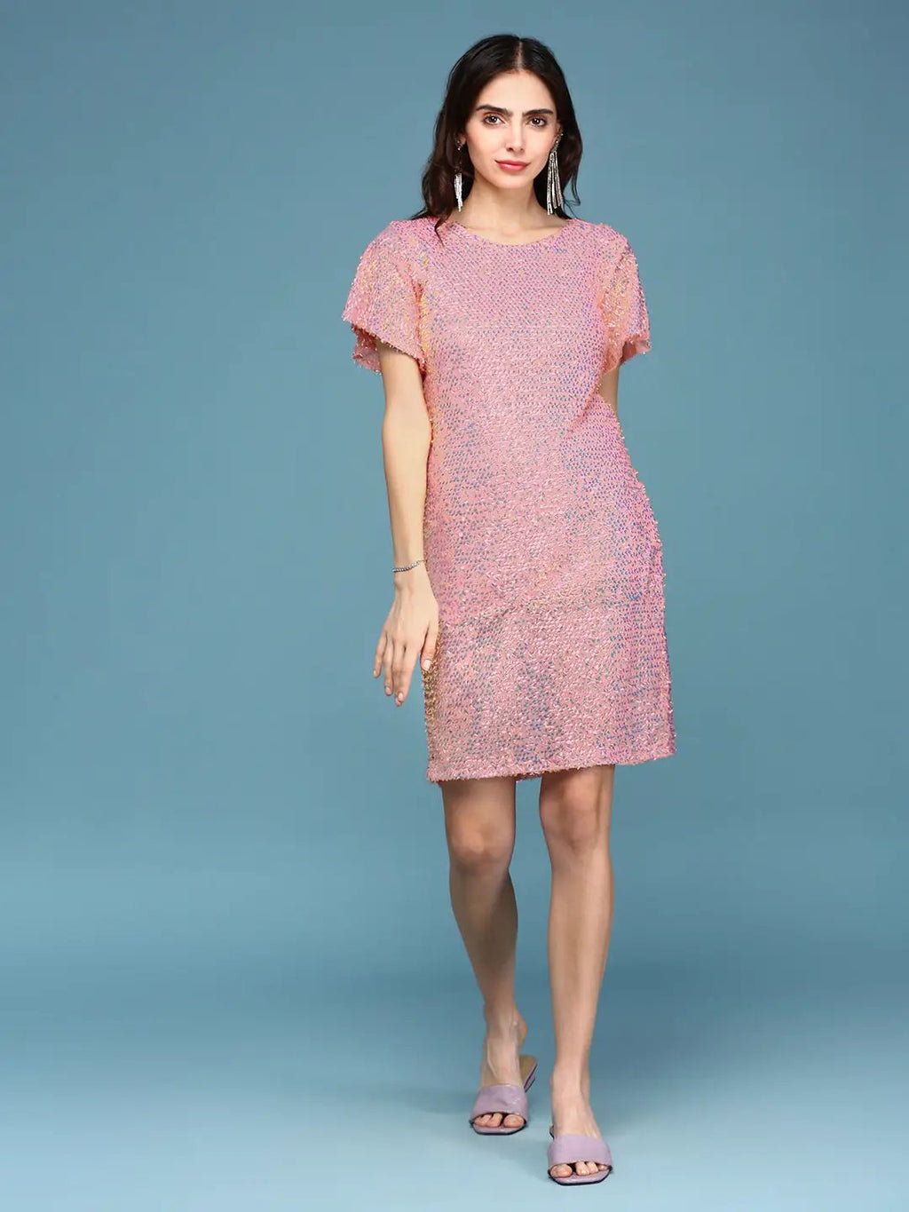 Women's Peach Embellished Flared Sleeves Sequinned A-Line Mini Dress