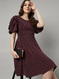 Women's Pink Striped Round Neck Puff Sleeve Fit & Flare Dress