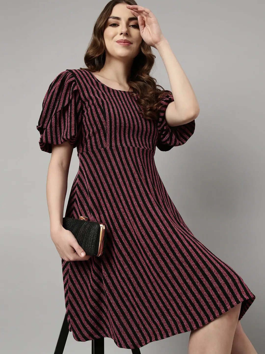 Women's Pink Striped Round Neck Puff Sleeve Fit & Flare Dress