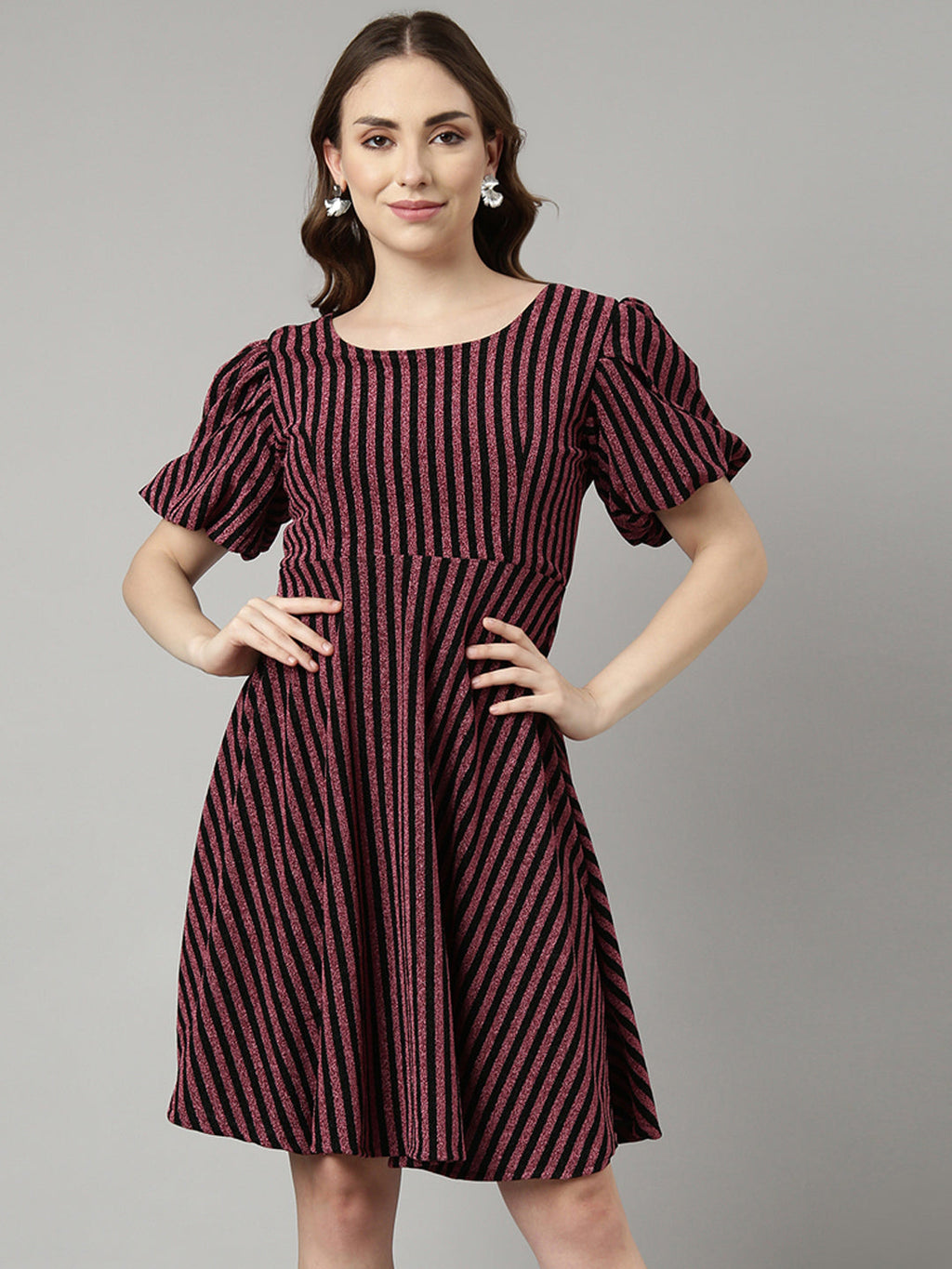 Women's Pink Striped Round Neck Puff Sleeve Fit & Flare Dress