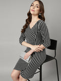 Women's Grey Striped Wrap Party Wear Wrap Dress