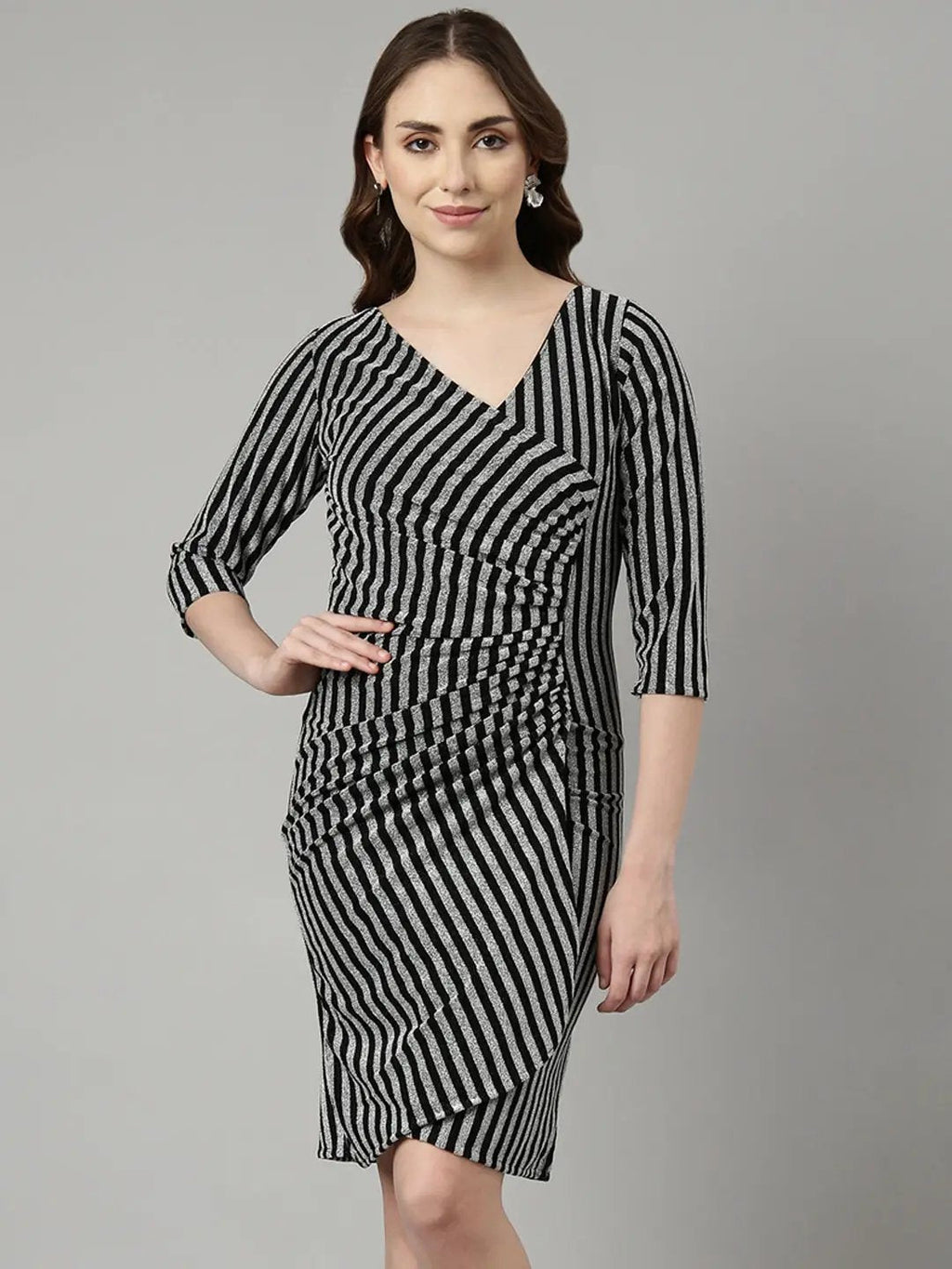 Women's Grey Striped Wrap Party Wear Wrap Dress