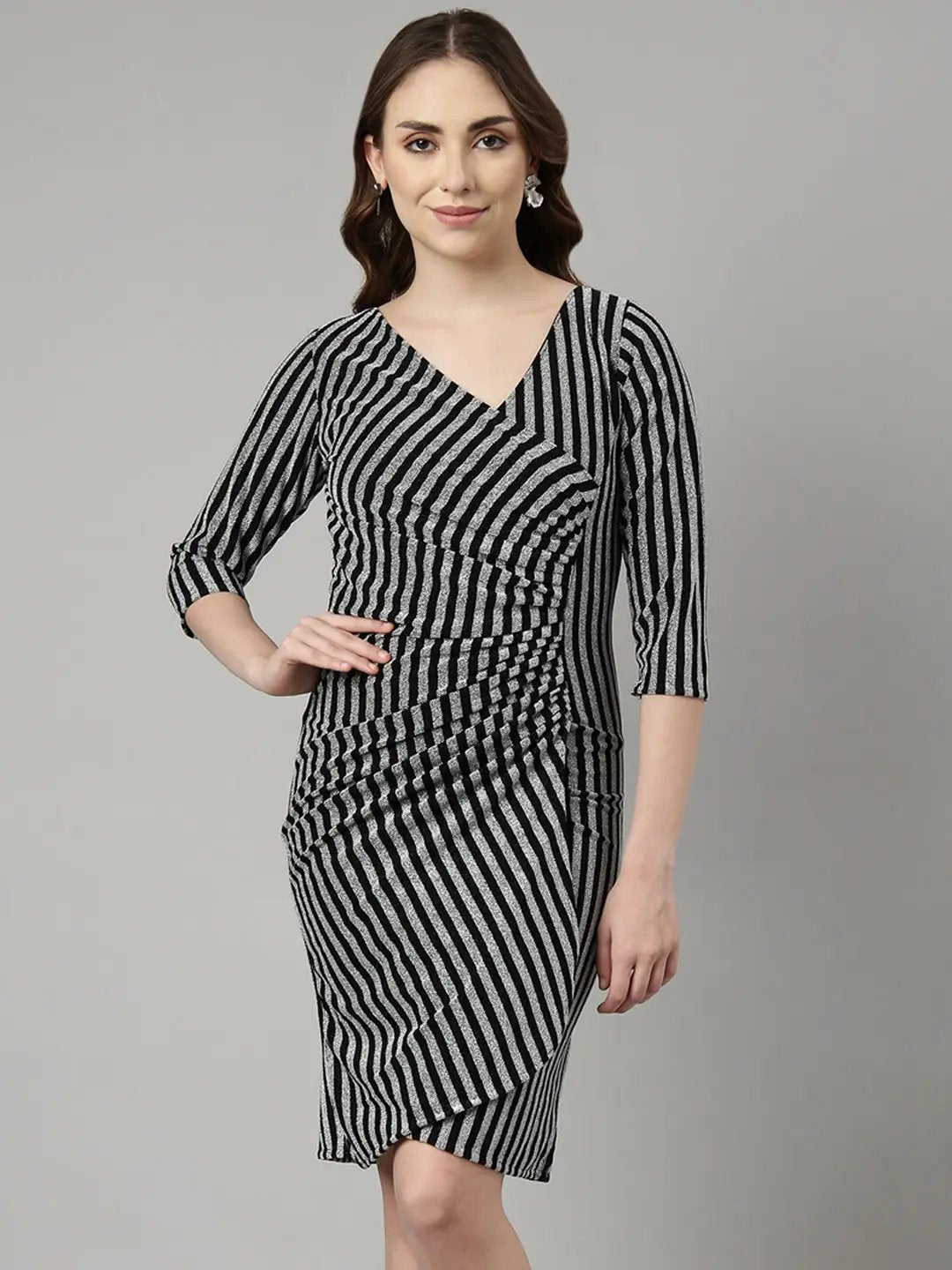Women's Grey Striped Wrap Party Wear Wrap Dress