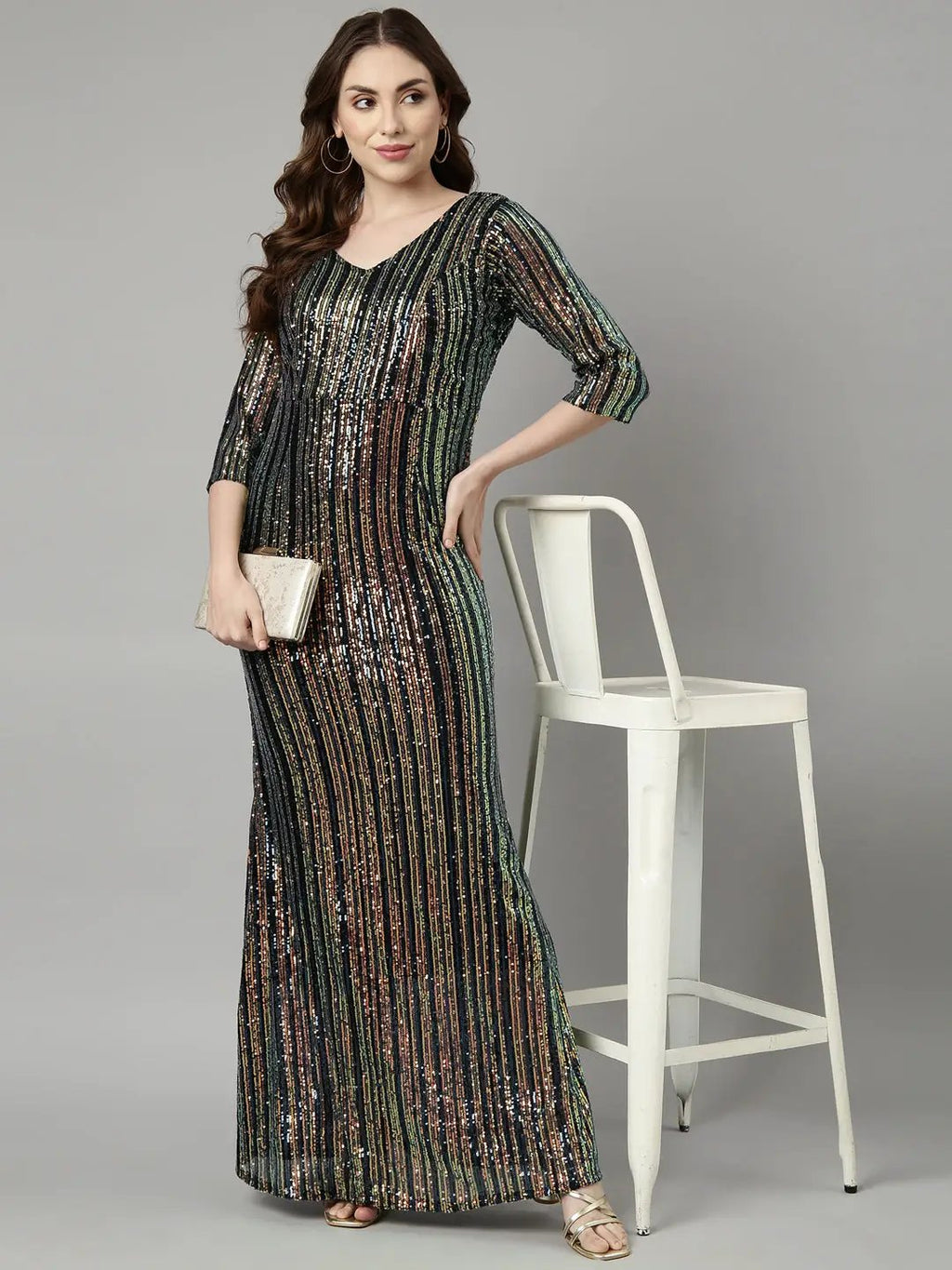 Women's Teal Embellished Maxi Party Wear Dress
