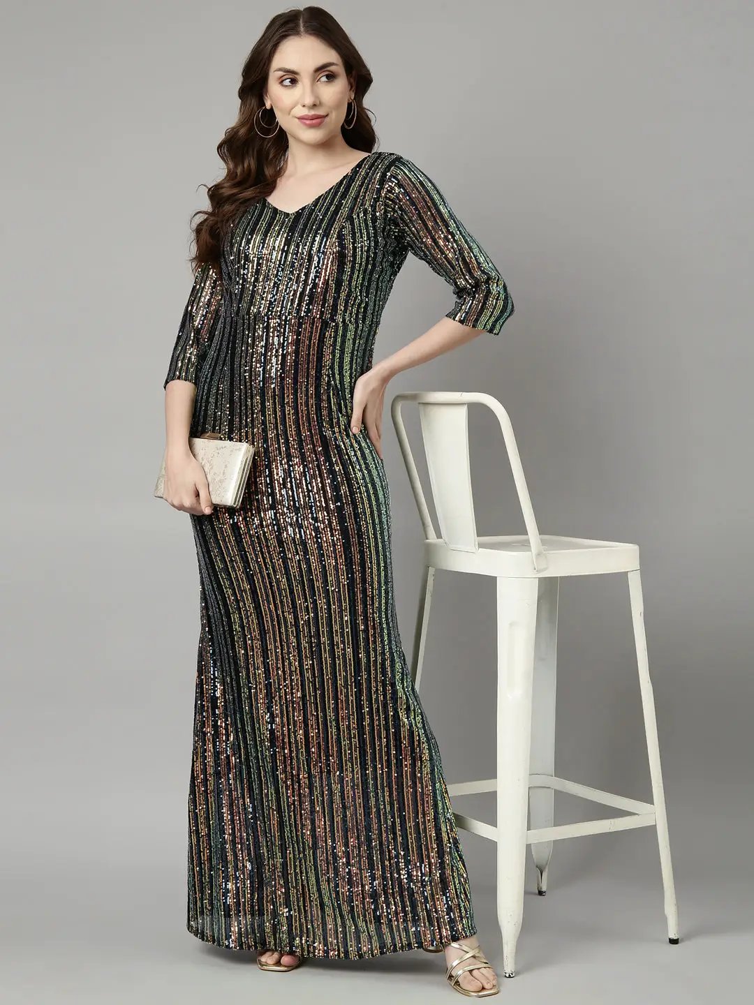 Women's Teal Embellished Maxi Party Wear Dress