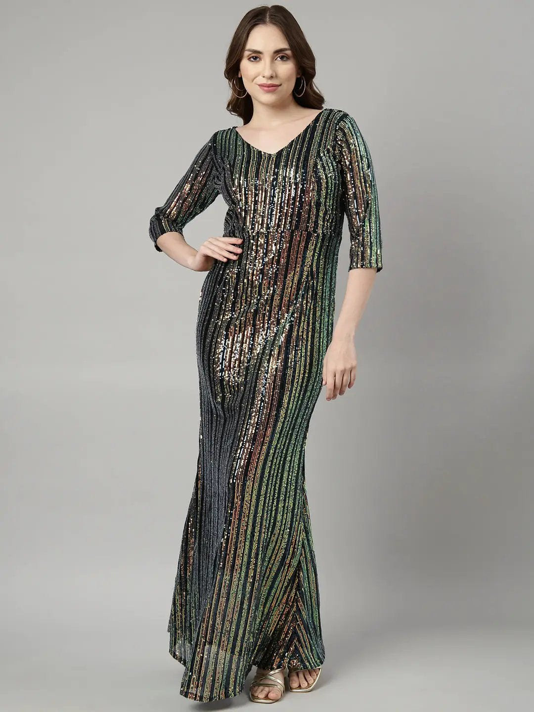 Women's Teal Embellished Maxi Party Wear Dress
